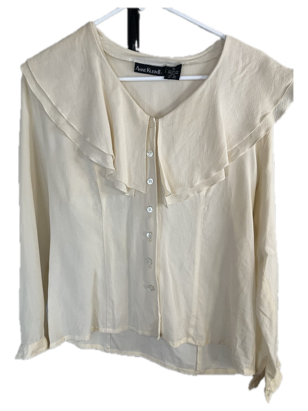 Anne Klein Vintage Silk Cream Classic Ruffle-Trim Button-Front Blouse
